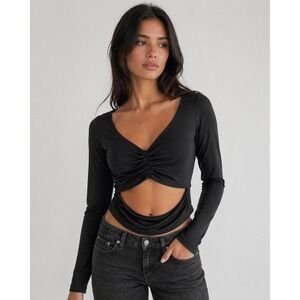 Fensace Cutout Ruched Top Womens L Black Long‎ Sleeve Edgy Goth Streetwear Y2K